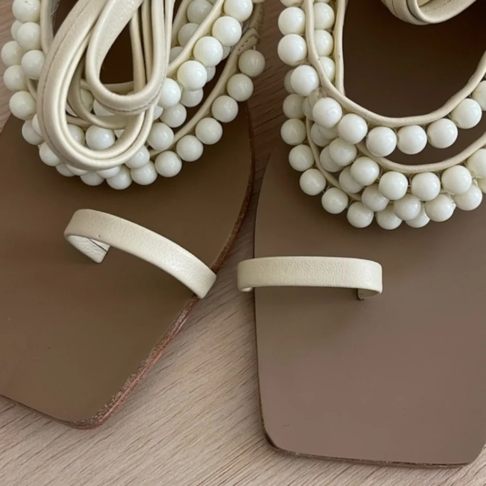 Raye Patricia Leather Ankle Wrap Beaded Heeled Sandal, 10, Ivory